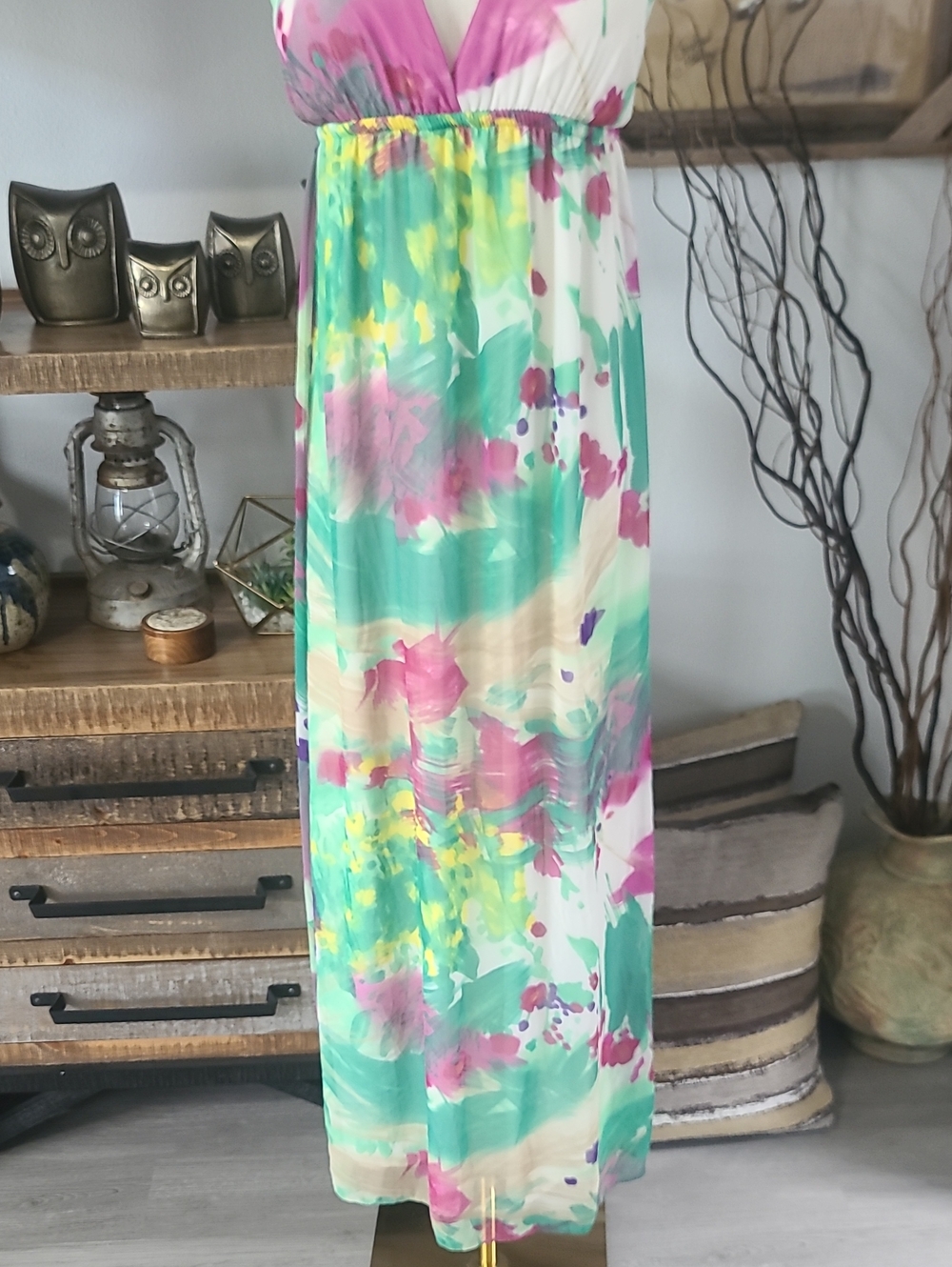 M USA Halter Maxi Dress in Mint & Pink Watercolor Print - Picture 3 of 5